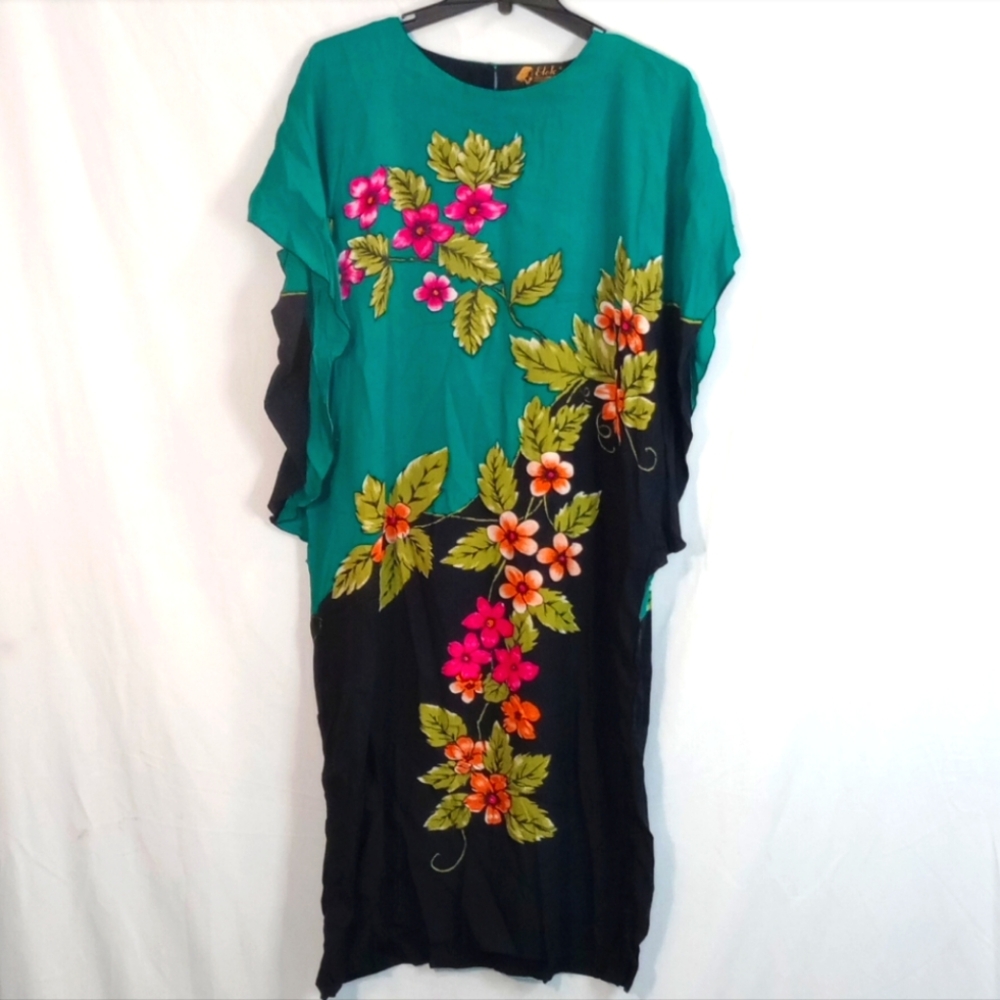 ELOK Vintage Floral Extra Large Tent Batik Tunic Dress Women's Black Green